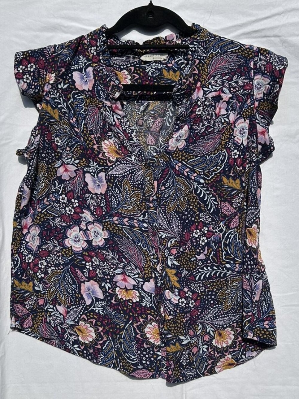 Navy V Neck Floral Flutter Sleeve Lovestitch Shirt Blouse Medium